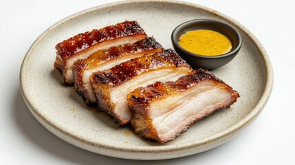 Crispy Pork Belly Slices on Porcelain Plate