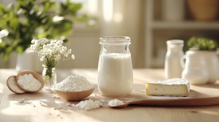 Fresh dairy products displayed on a wooden table with herbs and flowers in a bright kitchen