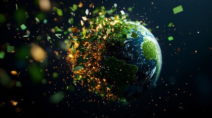 Earth Fragmentation: A Glowing Green And Gold Planet