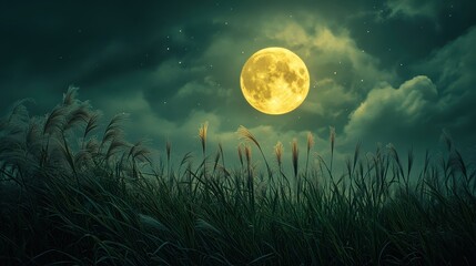 Fototapeta premium Full moon and Japanese pampas grass in midnight,The harvest Miscanthus sinensis and full moon,beautiful night sky in the countryside with the perfect moon exudes beauty in the dark.