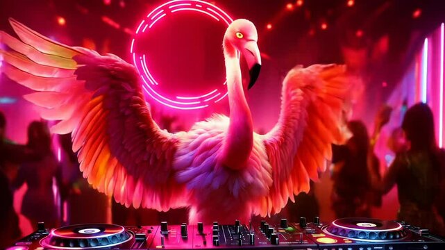 Flamingo DJ with outspread wings and neon lights in a vibrant nightclub, concept of fun and nightlife