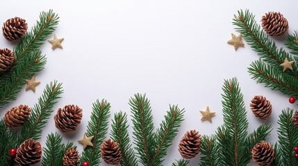 Christmas Pine Cones and Greenery with Golden Stars on a White Background for Festive Decor