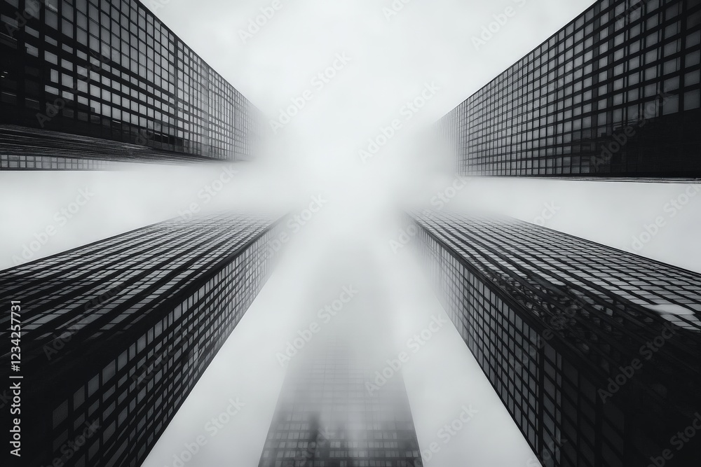 Poster Skyscrapers rising through dense fog in an urban landscape at dawn capturing a sense of mystery and isolation