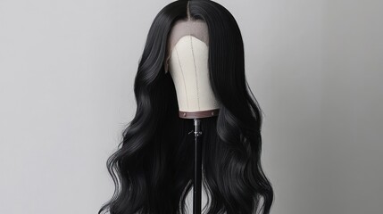 Jet Black Long Wavy Lace Front Wig on Mannequin