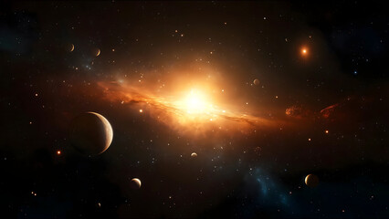 Fototapeta premium A bright yellow sun is shining in the middle of a galaxy