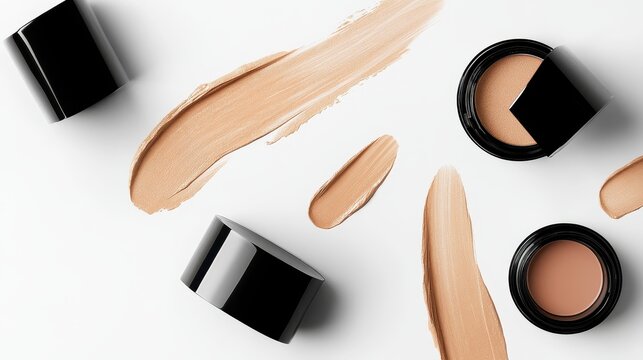 Bottles of makeup foundation and cushion,Collection of skin foundation bottles in different shades and samples on color background,makeup essentials,Cushion Foundation liquid and swatche,copy space.
