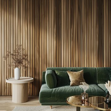 A green velvet sofa with gold pillows sits in front of a wooden wall. with a round wooden table and dried flowers