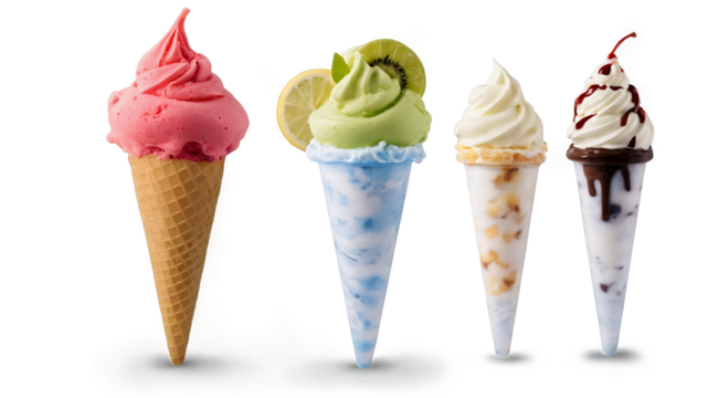 Ice Cream Dessert Milkshake PNG – assorted waffle cones with bright flavors and a strawberry milkshake for food photo use