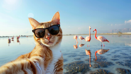 Cool Cat in Sunglasses Posing with Flamingos on a Sunny Beach