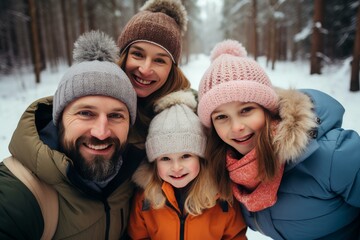Fototapeta premium Smiling family taking selfie portrait while enjoying winter vacation in snowy forest