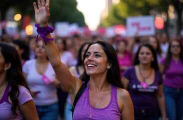 Mexican women protest against "femicide" and gender-based violence in Mexico City. They are walking down the street with posters in their hands. The women have purple ribbons tied around their wrists.