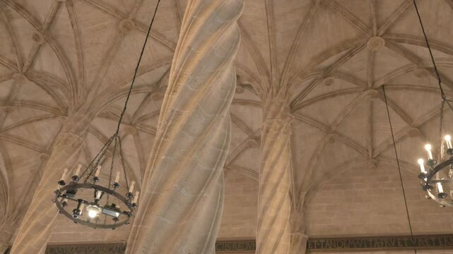 Interior of the Valencia Lonja de la Seda, showcasing helicoidal columns and ribbed arches