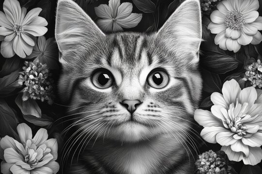 Cute tabby kitten surrounded by blooming flowers in a black and white artistic composition - Powered by Adobe