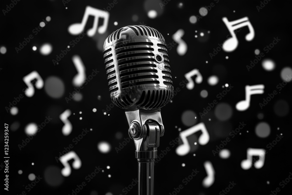 Poster vintage microphone stands ready with floating musical notes in a lively atmosphere