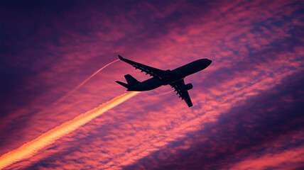 夕焼けに伸びる飛行機雲 &ndash; 旅立ちと新たなスタートの象徴