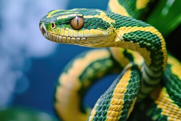 Fototapeta premium A close-up shot of a snake coiled around a branch, showcasing its scales and texture