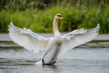 A swan flapping its wings in calm water, a peaceful scene with natural surroundings