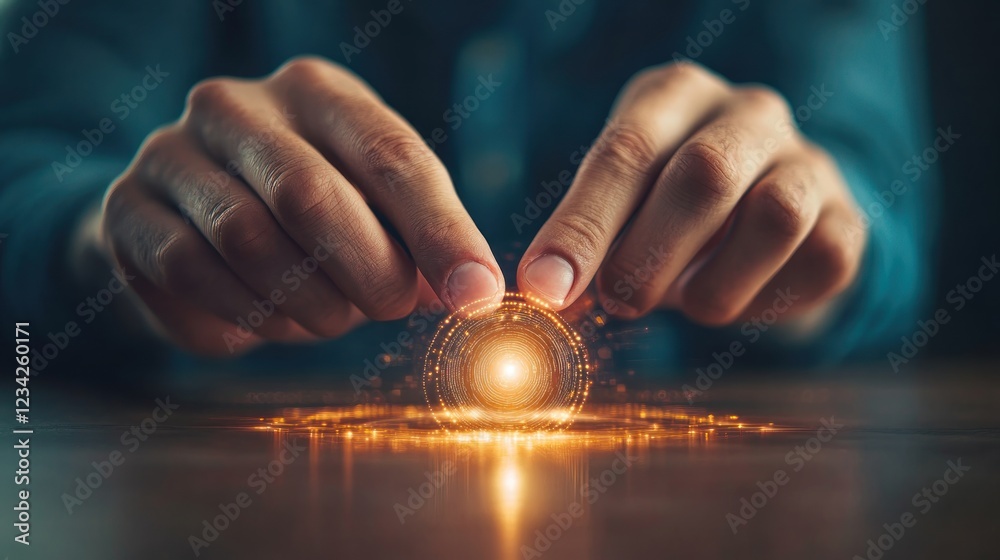 Poster Hands Creating a Bright Light Sphere with Sparkles on a Wooden Surface
