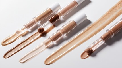 Fototapeta premium Beige nude tone lipstick make up isolated on a studio background,natural Liquid lipsticks,makeup cosmetic lips, product mockup for beauty fashion business,sale,swatch color,template.