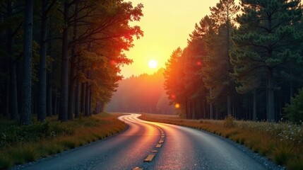 Fototapeta premium Serene Sunset Drive Through a Forest of Tall Trees on a Winding Road