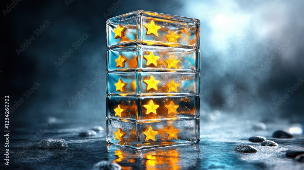 Poster glass block tower with illuminated stars on dark misty background