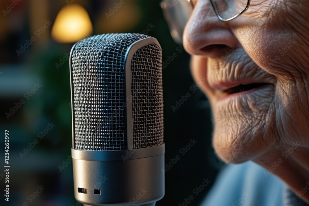 Wall mural A close-up shot of a person holding a microphone, ready to speak or sing