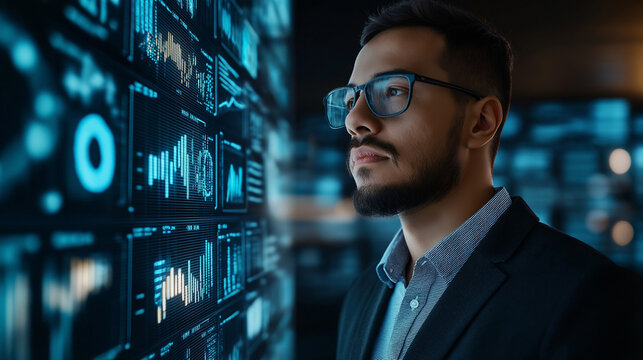 A professional data analyst, wearing a smart blazer and glasses, examining real-time analytics on a massive digital screen filled with charts, graphs, and AI-driven insights - Powered by Adobe