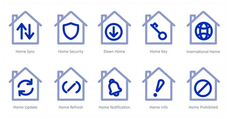 A set of 10 home icons as home sync, home security, down home