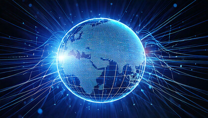 Stunning abstract depiction of a glowing digital earth enveloped by luminous data streams. Perfect for illustrating global connectivity, technology, big data, networking, and futuristic concepts.