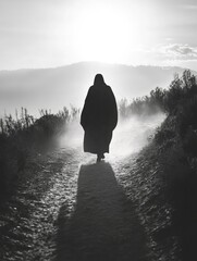 Reflective Solitude: A Silhouetted Figure on a Dirt Path at Sunset