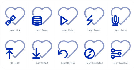 A set of 10 heart icons as heart link, heart server, heart video