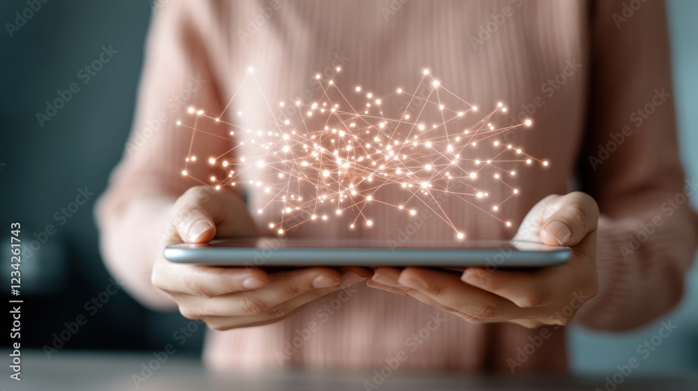 Poster Hands Holding Tablet with Creative Network Connection Concept Visualization