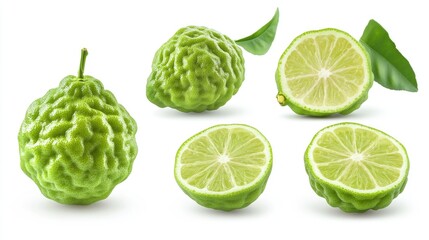 Fototapeta premium Fresh lime fruits with green leaves on a clean white surface, ideal for food or beverage related uses