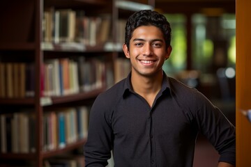 Fototapeta premium Young hispanic student smiling in the library between bookshelves