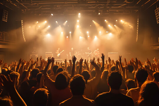 Crowd enjoys live music performance at an indoor concert venue with vibrant lighting and energetic atmosphere
