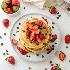 top view of yummy pancakes with fresh strawberries