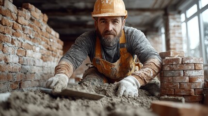 Focused Construction Worker Laying Bricks