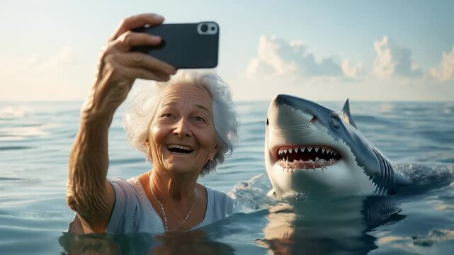 Elderly woman joyfully taking a selfie with a smiling shark while floating in the calm ocean under a bright sky. Concept of unique aquatic friendship