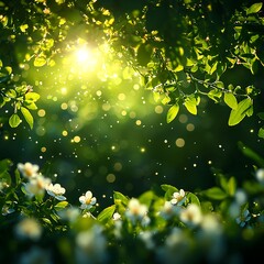 Obraz premium Enchanted Spring Forest: Sunlight Through Green Leaves and