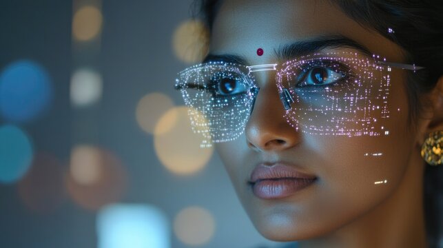 A woman wearing futuristic glasses, ideal for sci-fi and technology-related concepts