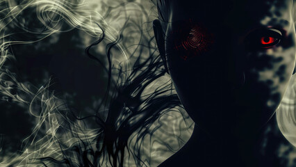 Mysterious Demon with Horns Emerging from Dark Smoke
