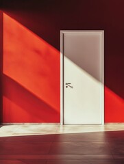 Modern Minimalist Doorway - Elegant Entrance with Red Wall and Sunlight Beams
