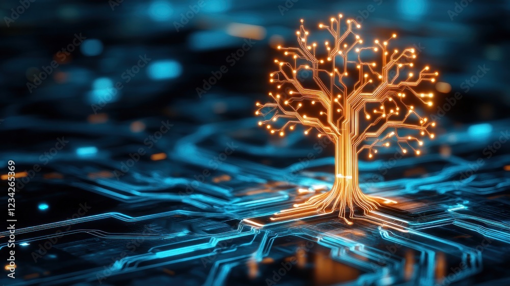 Poster Futuristic Tree with Digital Circuits Emphasizing Technology and Nature Fusion