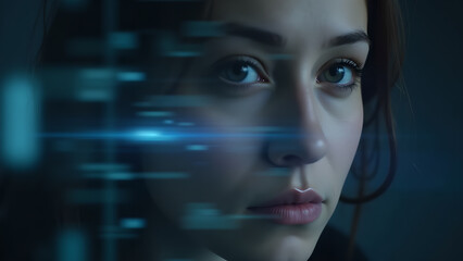 Woman portrait with blue light effects overlayed