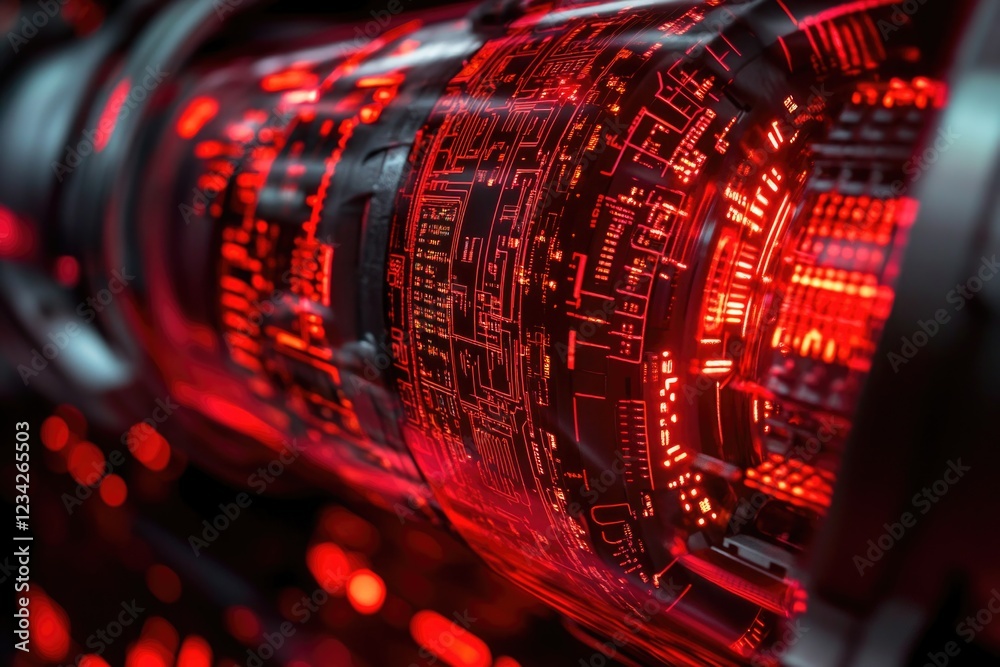 Poster close-up of a computer screen with red lights illuminated, suitable for tech-related or futuristic c