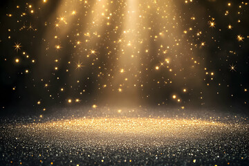 Sparkling golden light shines from above, creating a magical atmosphere in a dark space