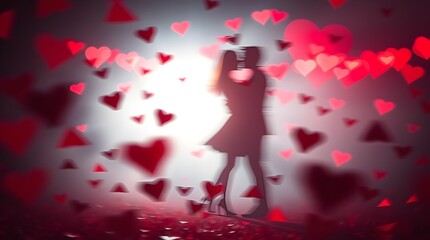 Love in the Spotlight - A dramatic and romantic illustration of a couple embracing, surrounded by a spotlight of hearts
