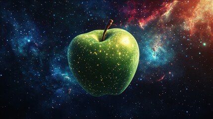 A Green Apple Floats Amidst a Cosmic Nebula