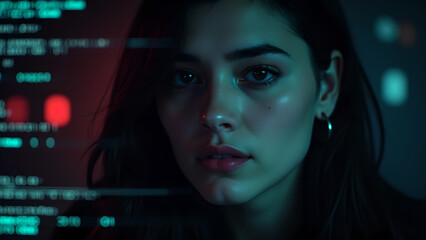 Woman with code background in the digital world