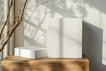 Fototapeta premium Bright and airy setting features a clean white box with a separate lid resting on a wooden table. Soft natural light accentuates the lines and curves, creating a serene atmosphere